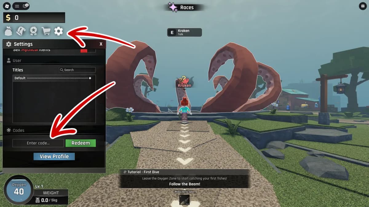 How to find the code redemption box in Roblox Abyss Settings menu - red arrows showing the Settings icon and Enter Code textbox