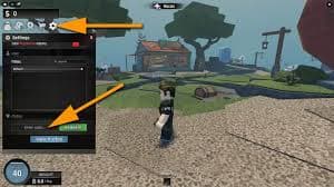 Roblox Abyss code redemption interface with arrows pointing to Settings icon and code input box